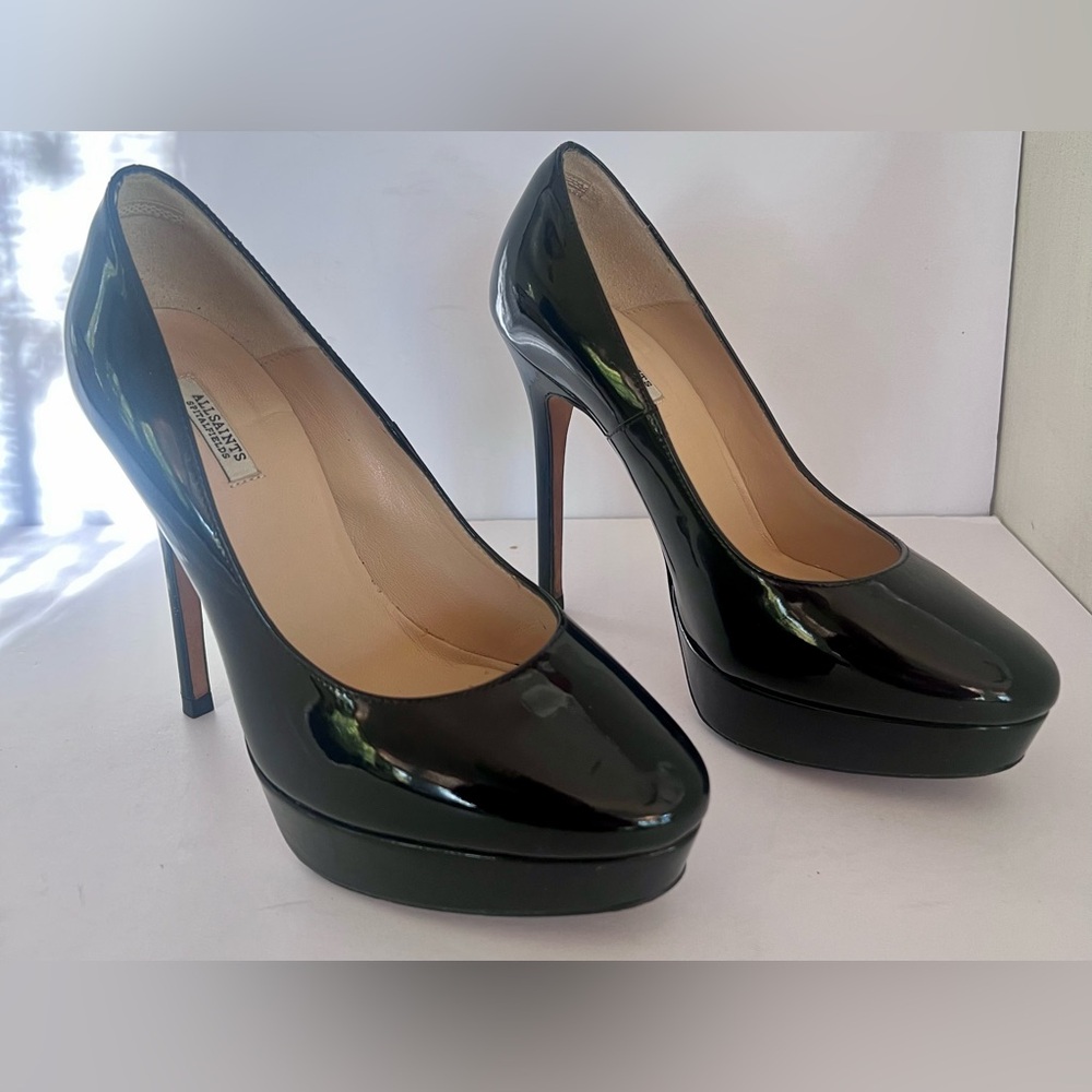 AllSaints 5" High Heels Pumps Black Patent Leather Platform Shoes EUR 36/US 5.5